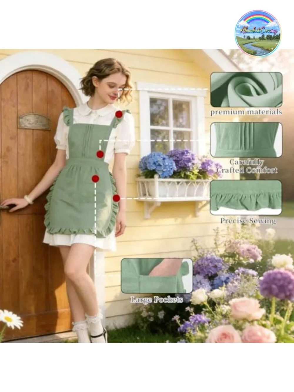 Vintage Ruffle Waist Apron with 2 Pockets, Cotton Tie Strap, Full Coverage
